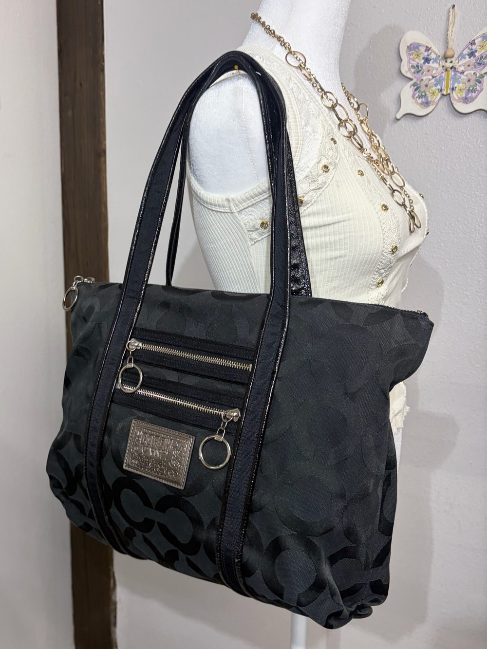 Coach Black Signature Poppy Jacquard Shoulder Tote
